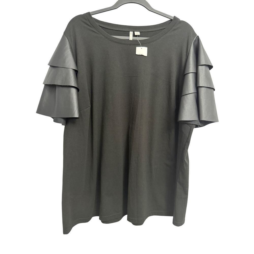 Cato Womens Black Faux Leather Tiered Ruffle Sleeve Top Plus Size 22/24W RN37080